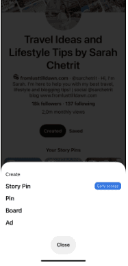 Story pin window on Pinterest mobile