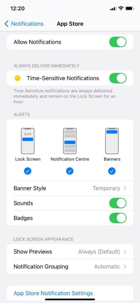App Store Notification Settings
