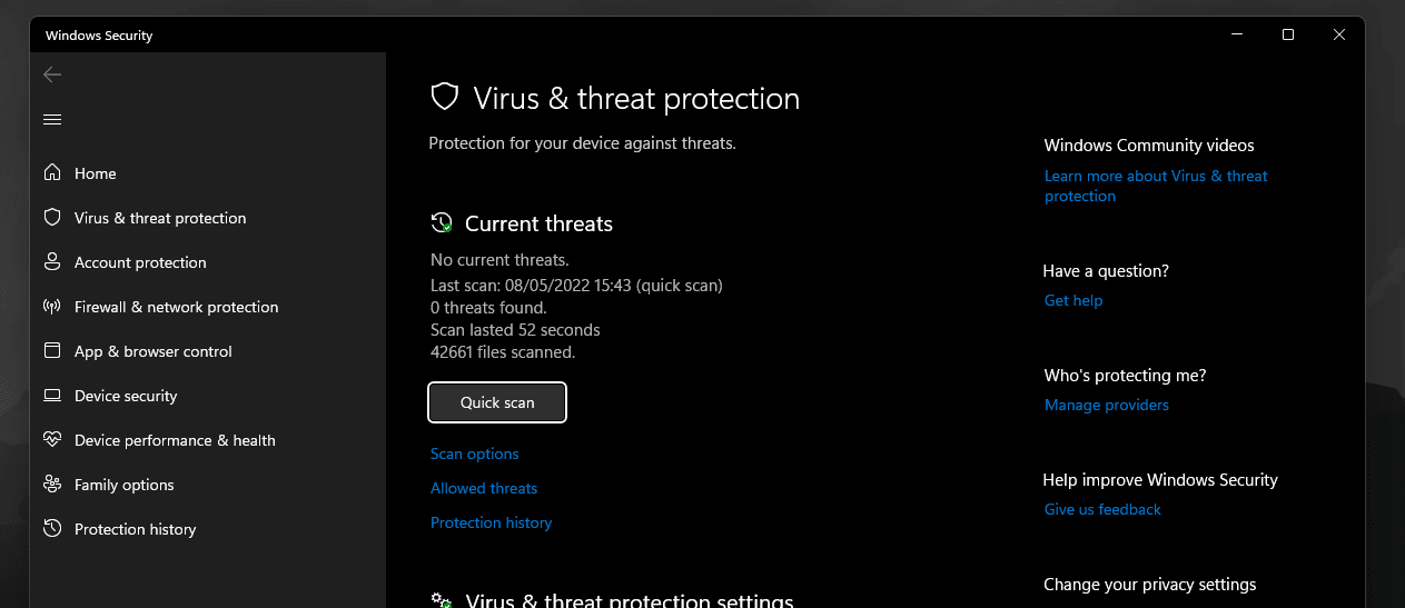 Windows Security scan
