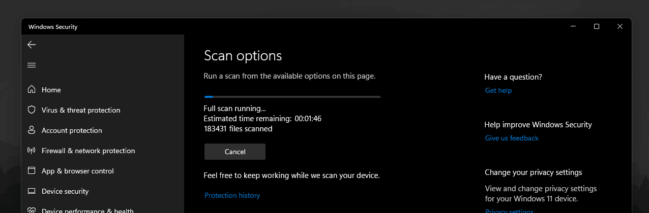 Windows Security scan options